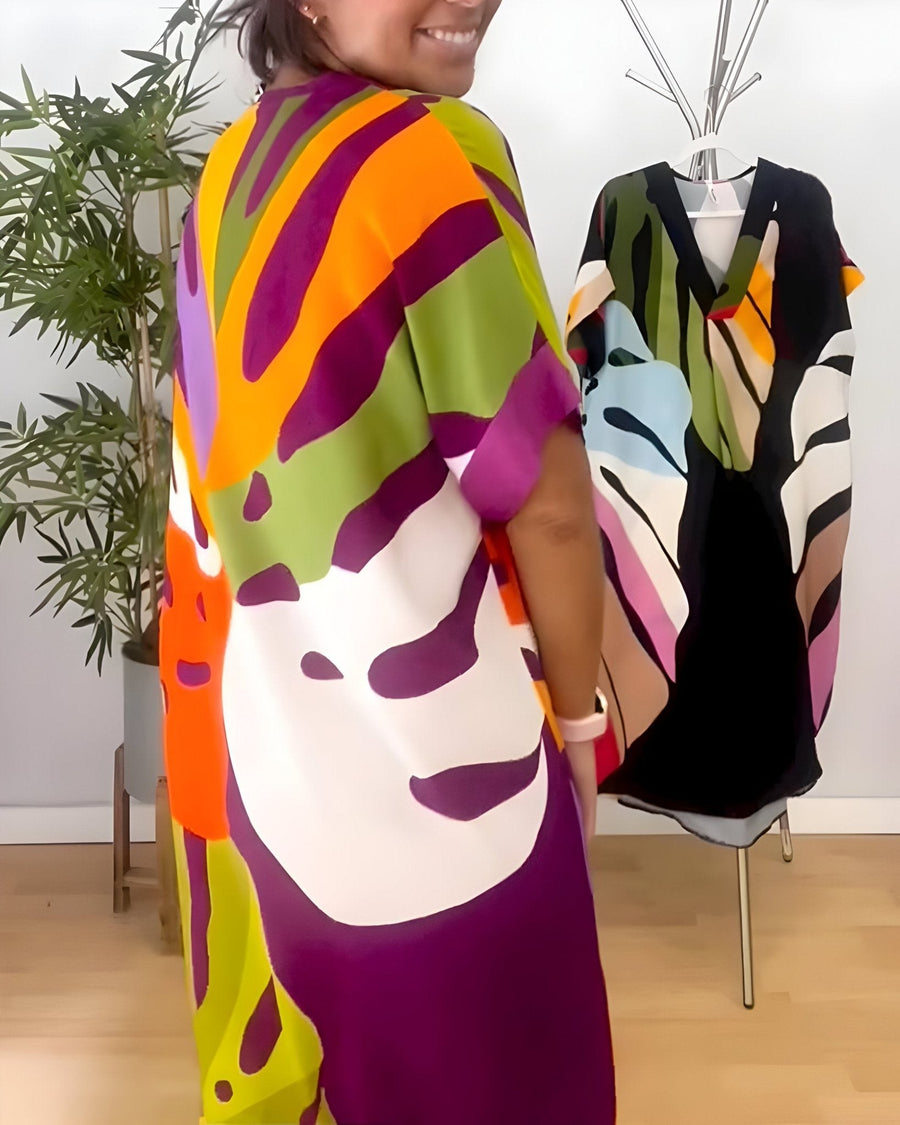 Ascelina | Women's Abstract Midi V-Neck Midi Summer Dress