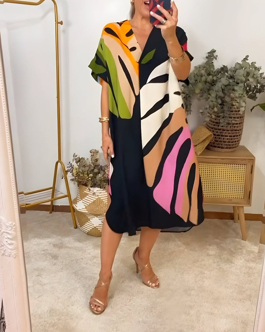 Ascelina | Women's Abstract Midi V-Neck Midi Summer Dress in Black