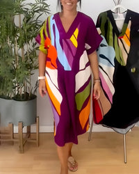 Ascelina | Women's Abstract Midi V-Neck Midi Summer Dress in Purple