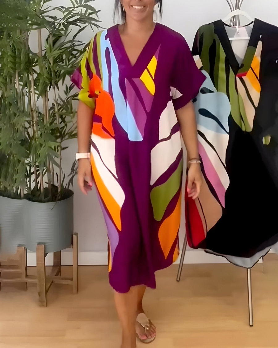 Ascelina | Women's Abstract Midi V-Neck Midi Summer Dress in Purple
