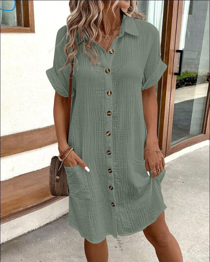 Asenath | Women's Collared Mini Button Front Pocket Summer Dress in Olive Green