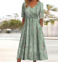 Ashlyn | Women's Flared Skirt Shape Midi Summer Dress in Green