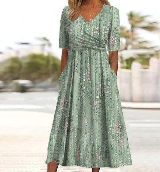 Ashlyn | Women's Flared Skirt Shape Midi Summer Dress in Green
