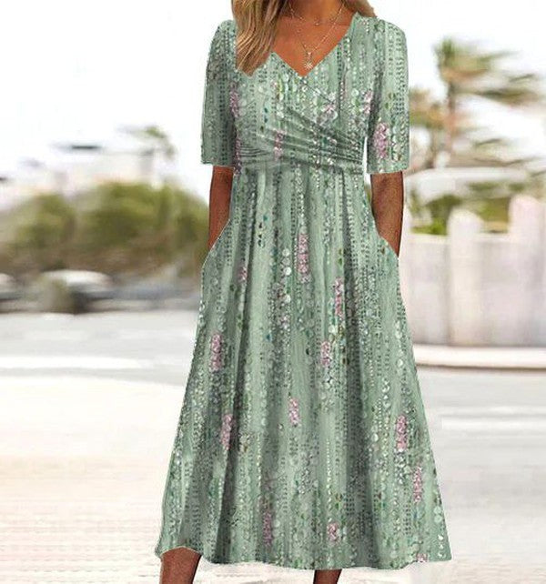 Ashlyn | Women's Flared Skirt Shape Midi Summer Dress in Green