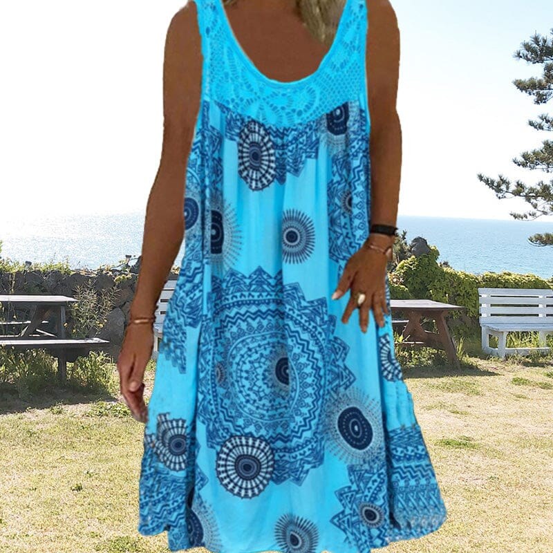 Asta | Women's Geometric Print Style Midi Summer Dress in Blue