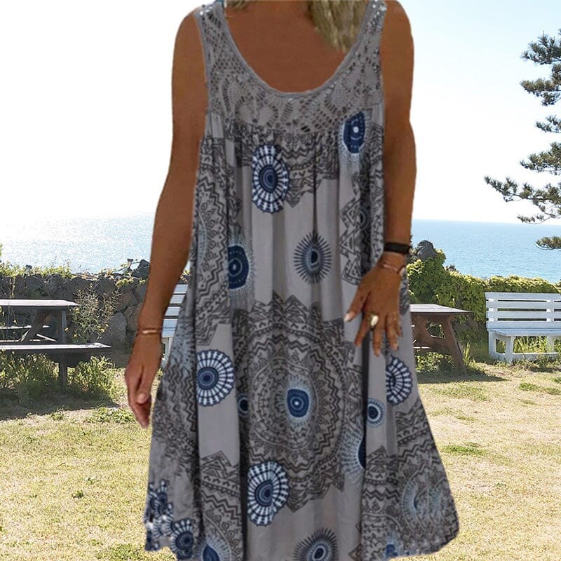 Asta | Women's Geometric Print Style Midi Summer Dress in Brown