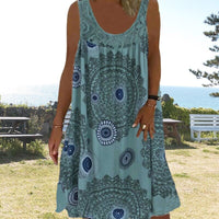 Asta | Women's Geometric Print Style Midi Summer Dress in Dark Green