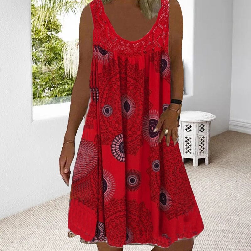 Asta | Women's Geometric Print Style Midi Summer Dress in Red