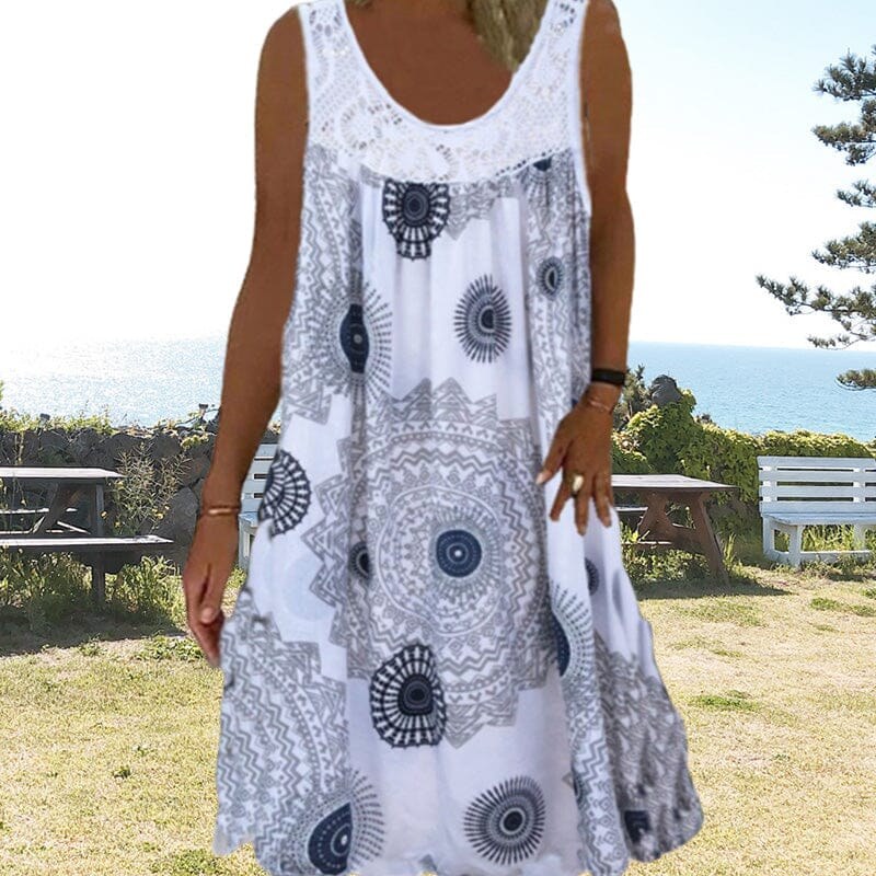 Asta | Women's Geometric Print Style Midi Summer Dress in White