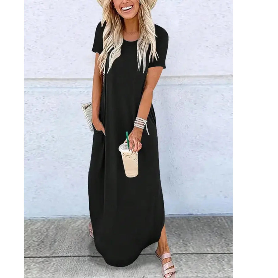 Athalie | Women's Round Neck Maxi Summer Dress in Black