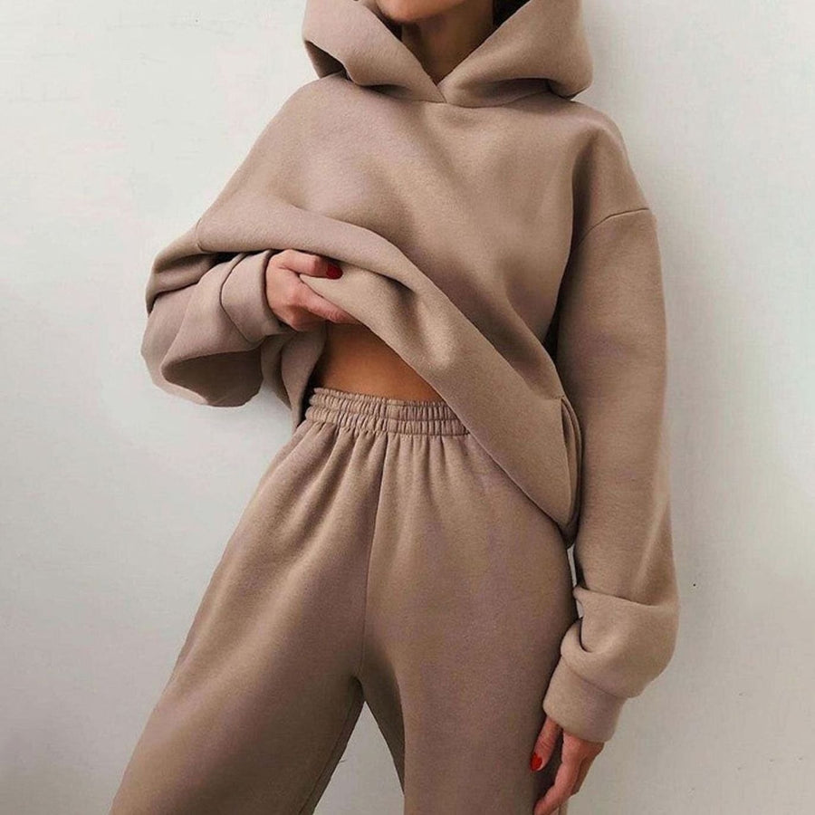 Aubrey | Women's Casual Loose-Fit Hoodie Jogger Two-Piece Set in Khaki