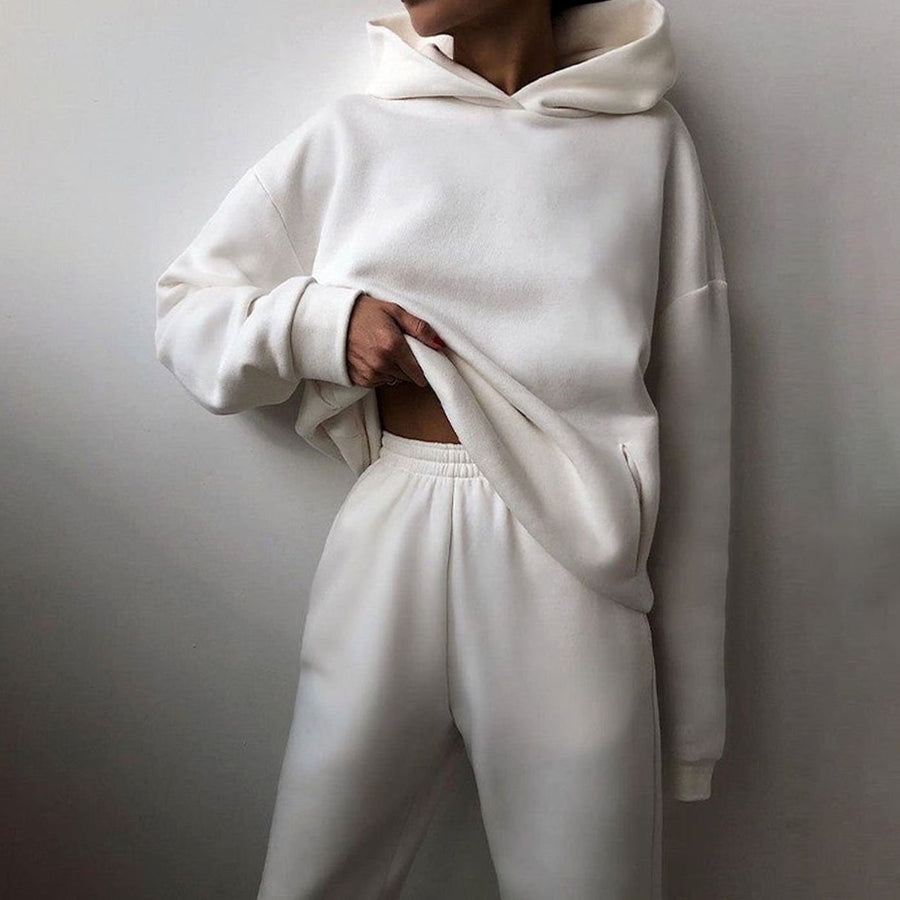 Aubrey | Women's Casual Loose-Fit Hoodie Jogger Two-Piece Set in White