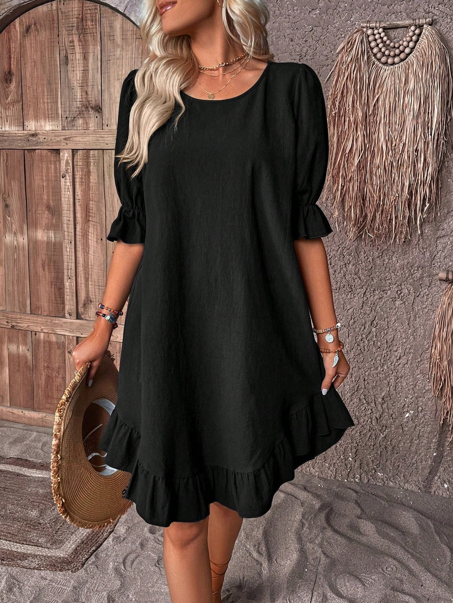 Aubriet | Women's Ruffle Hem Mini Summer Dress in Black