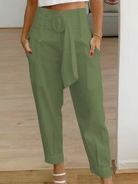 Aubriet | Women's Pockets Belted Fashionable Pants – Dress Pants in Olive Green
