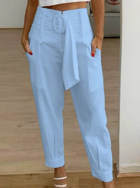 Aubriet | Women's Pockets Belted Fashionable Pants – Dress Pants in Sky Blue