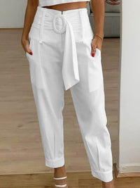Aubriet | Women's Pockets Belted Fashionable Pants – Dress Pants in White