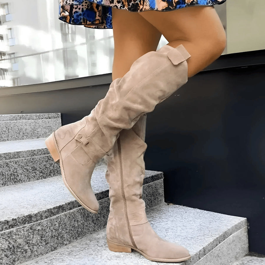 Audra | Women's Block Heel Strap Detail Knee-high Boots in Beige