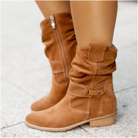 Audra | Women's Block Heel Strap Detail Knee-high Boots in Brown