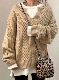 Audrey | Women's Oversized Cable Knit Sweater V-Neck Pullover in Beige