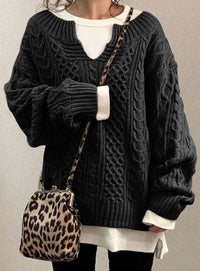 Audrey | Women's Oversized Cable Knit Sweater V-Neck Pullover in Black