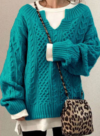 Audrey | Women's Oversized Cable Knit Sweater V-Neck Pullover in Blue