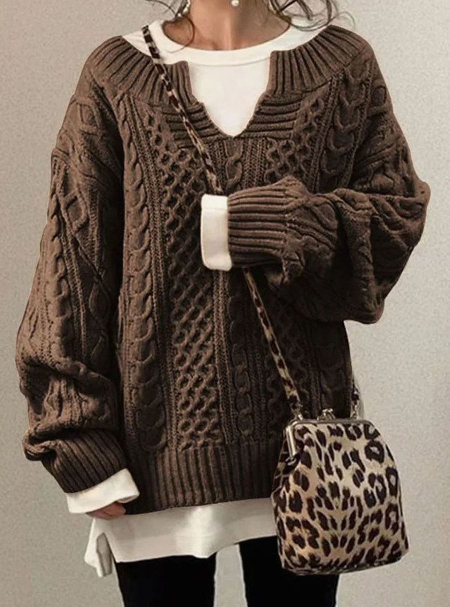 Audrey | Women's Oversized Cable Knit Sweater V-Neck Pullover in Brown