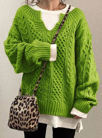 Audrey | Women's Oversized Cable Knit Sweater V-Neck Pullover in Green