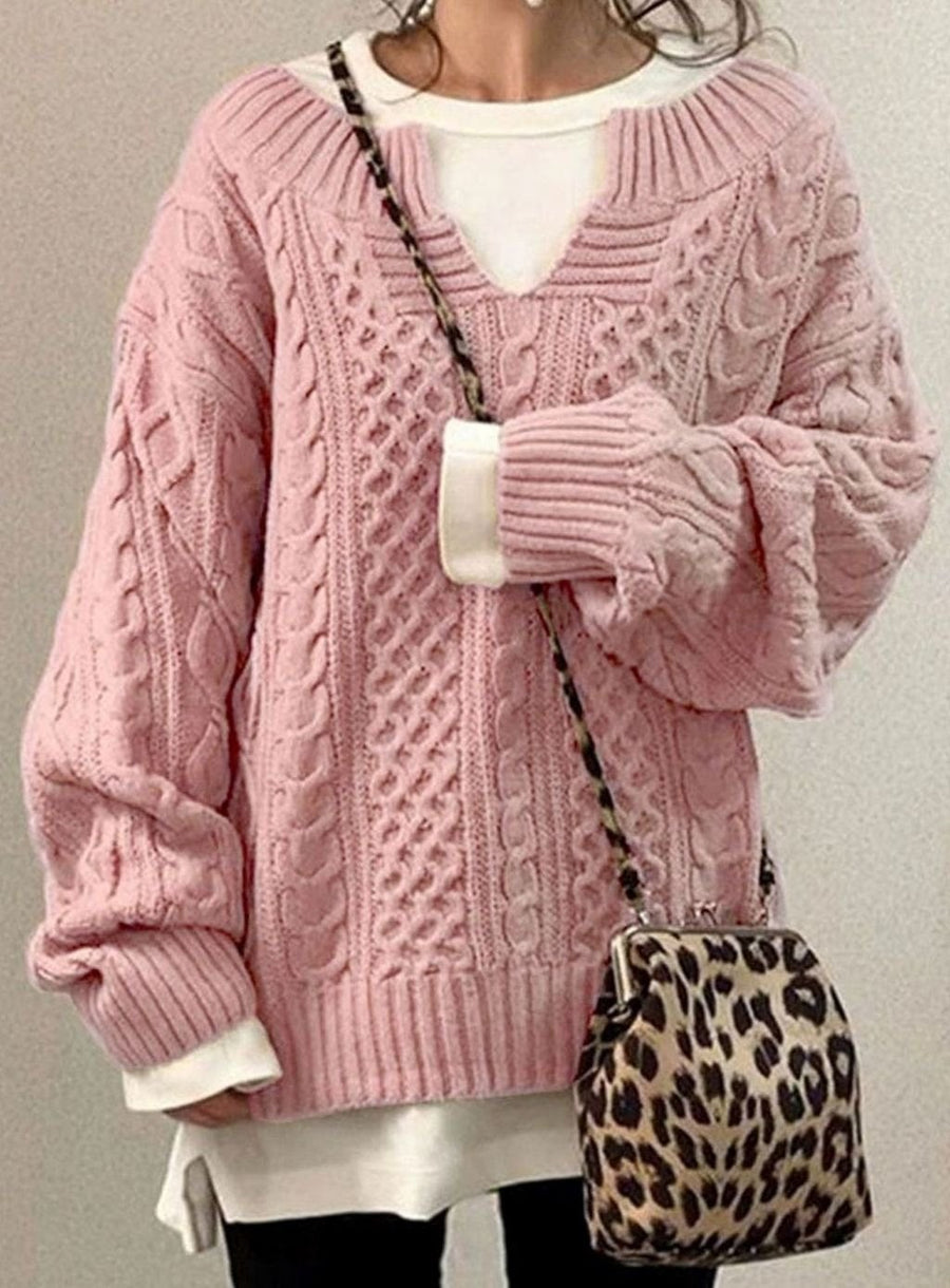 Audrey | Women's Oversized Cable Knit Sweater V-Neck Pullover in Pink
