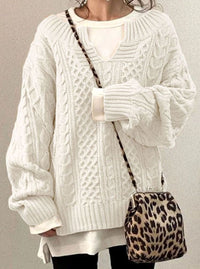 Audrey | Women's Oversized Cable Knit Sweater V-Neck Pullover in White