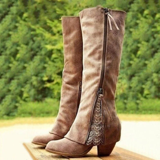 Augusta | Women's Side Zip Lace Detail Knee-High Boots in Brown