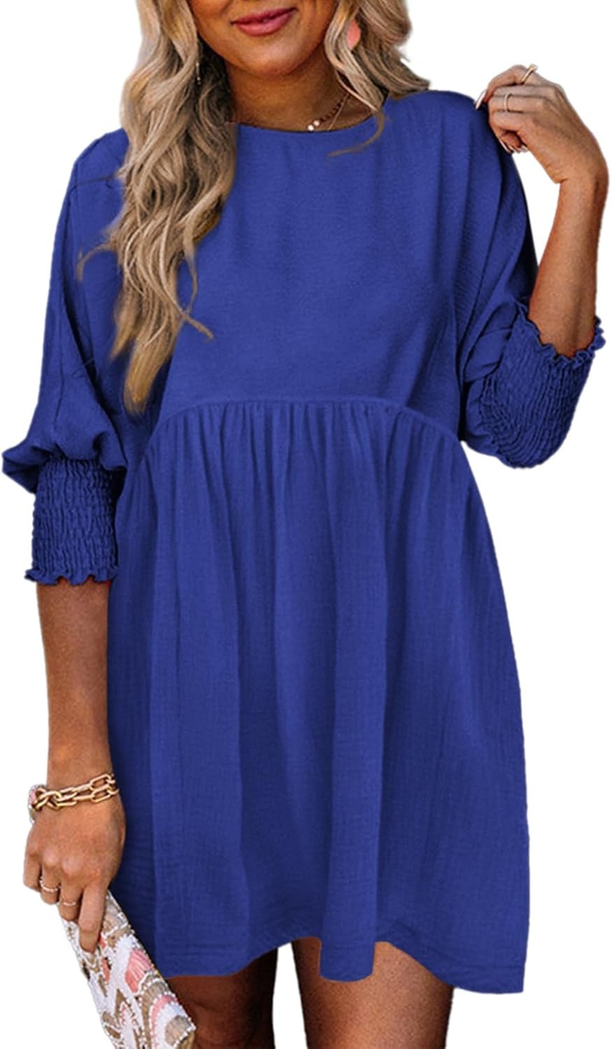 Augustina | Women's Smocked Cuff Mini Summer Dress in Blue