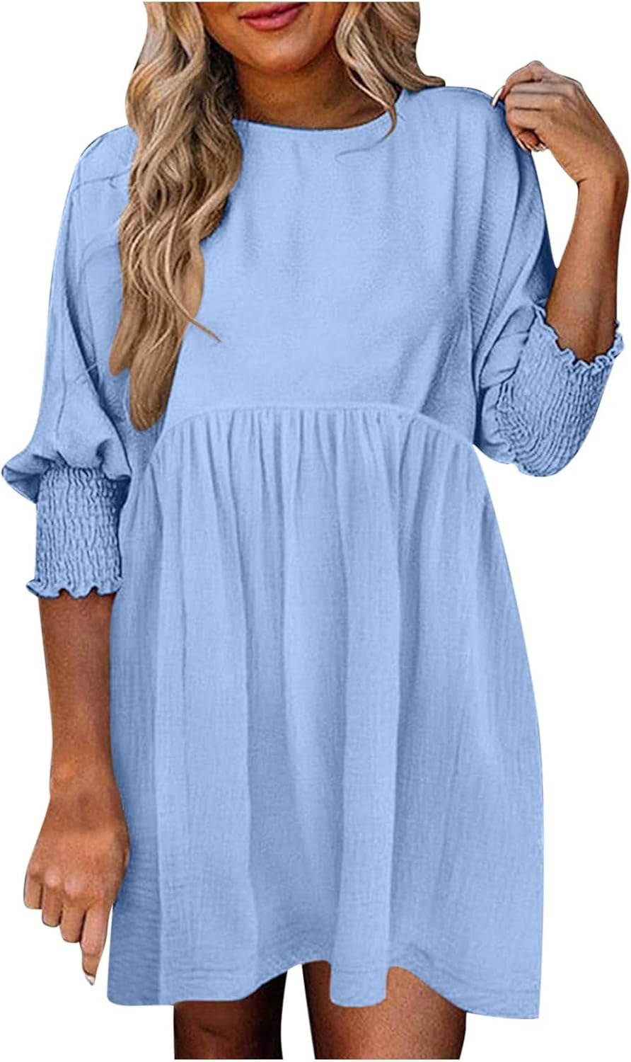 Augustina | Women's Smocked Cuff Mini Summer Dress in Light Blue