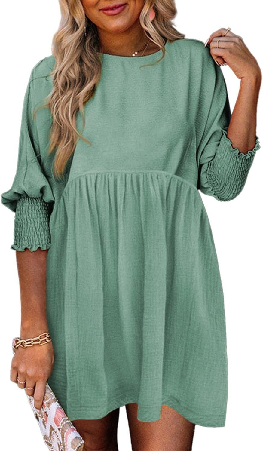Augustina | Women's Smocked Cuff Mini Summer Dress in Light Green