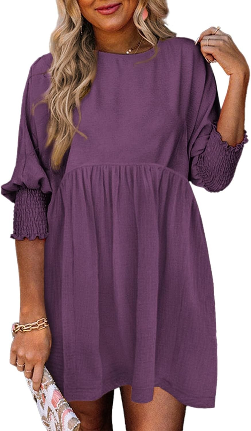 Augustina | Women's Smocked Cuff Mini Summer Dress in Purple
