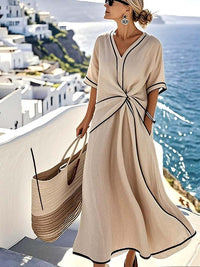 Aurelian | Women's Twist Front Maxi V-Neck Trim Summer Dress in Beige