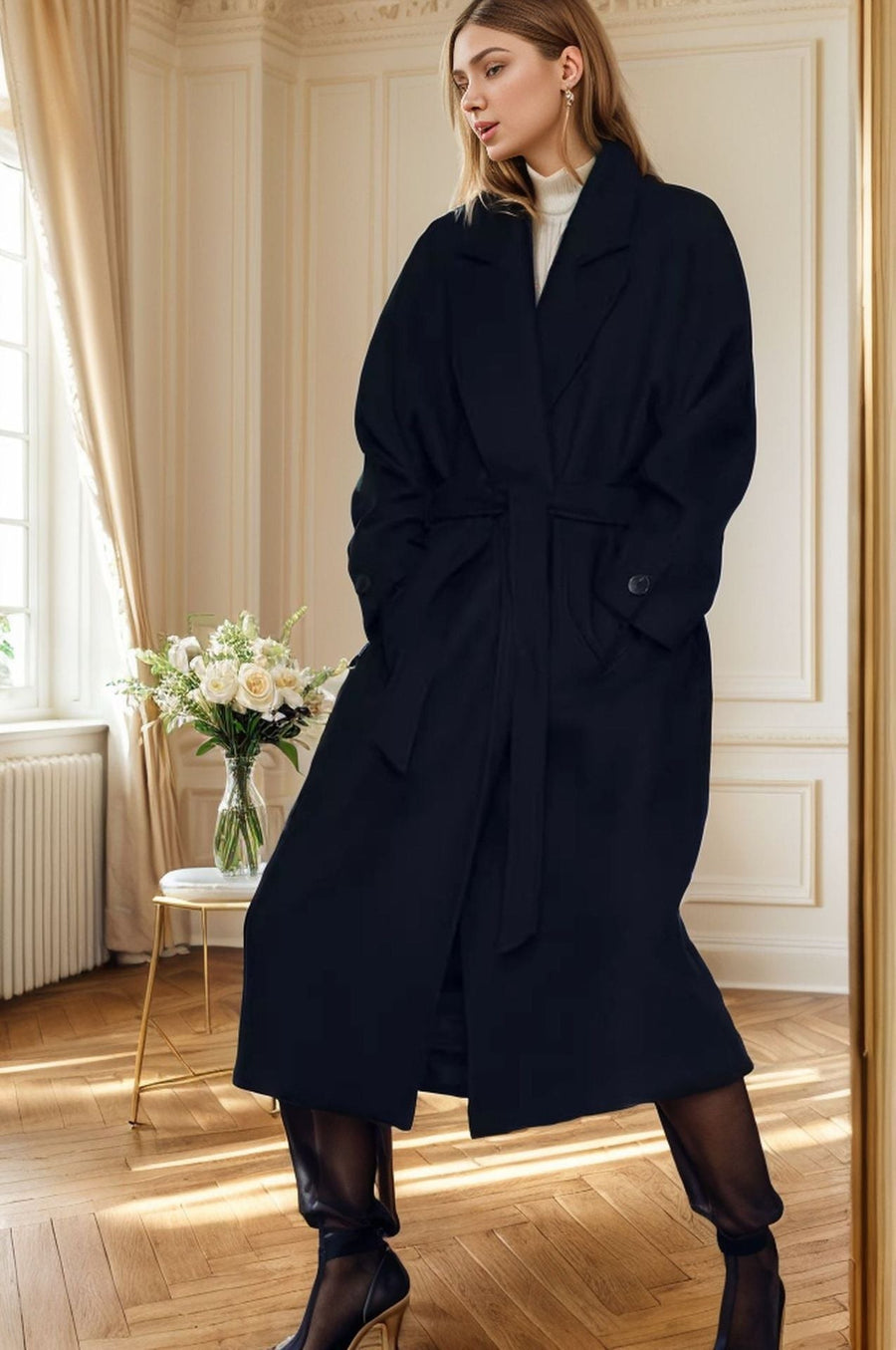 Aurelie | Women's Belted Elegant Coat in Black