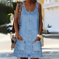 Auriol | Women's Two Large Patch Pockets Mini Summer Dress in Blue