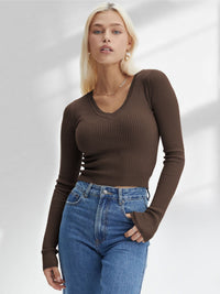 Aurore | Women's Bodycon Long Sleeve Knit Top in Coffee