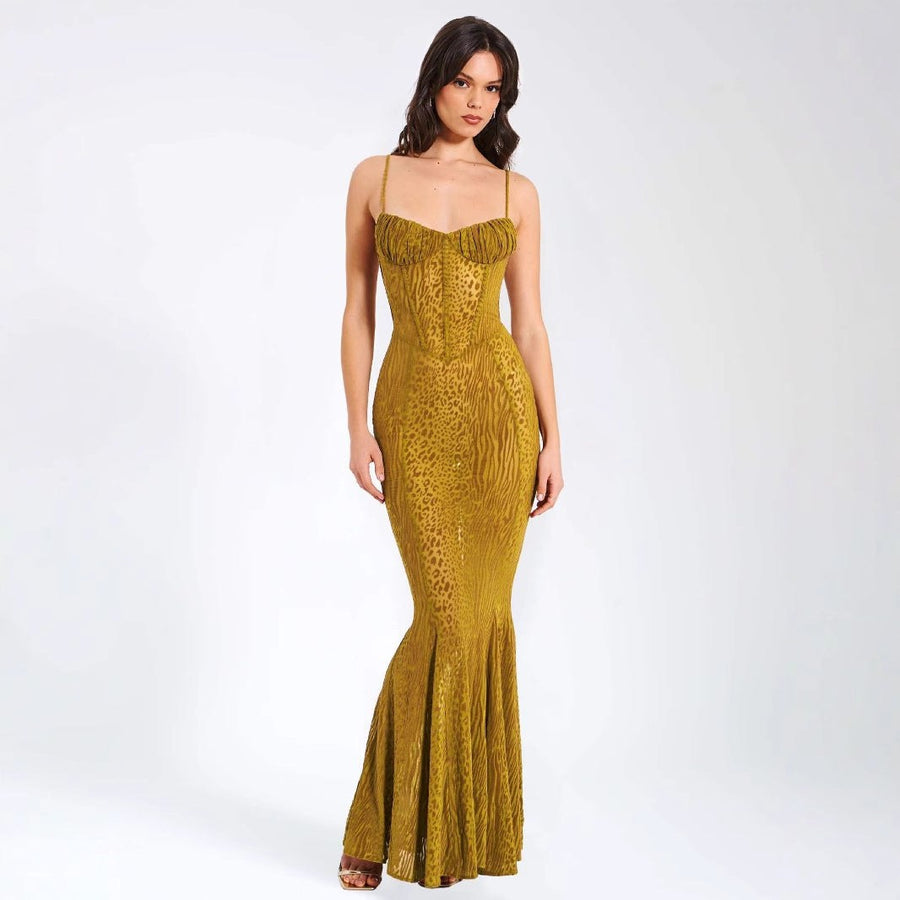 Avery | Women's Sheer Lace Elegant Evening Dress in Gold