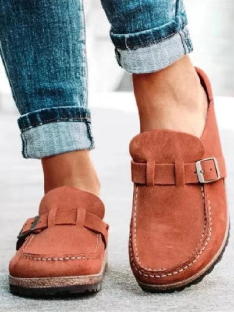 Avery | Women's Buckle Strap Closed Toe Loafers in Brown