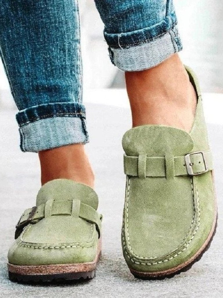 Avery | Women's Buckle Strap Closed Toe Loafers in Sage Green