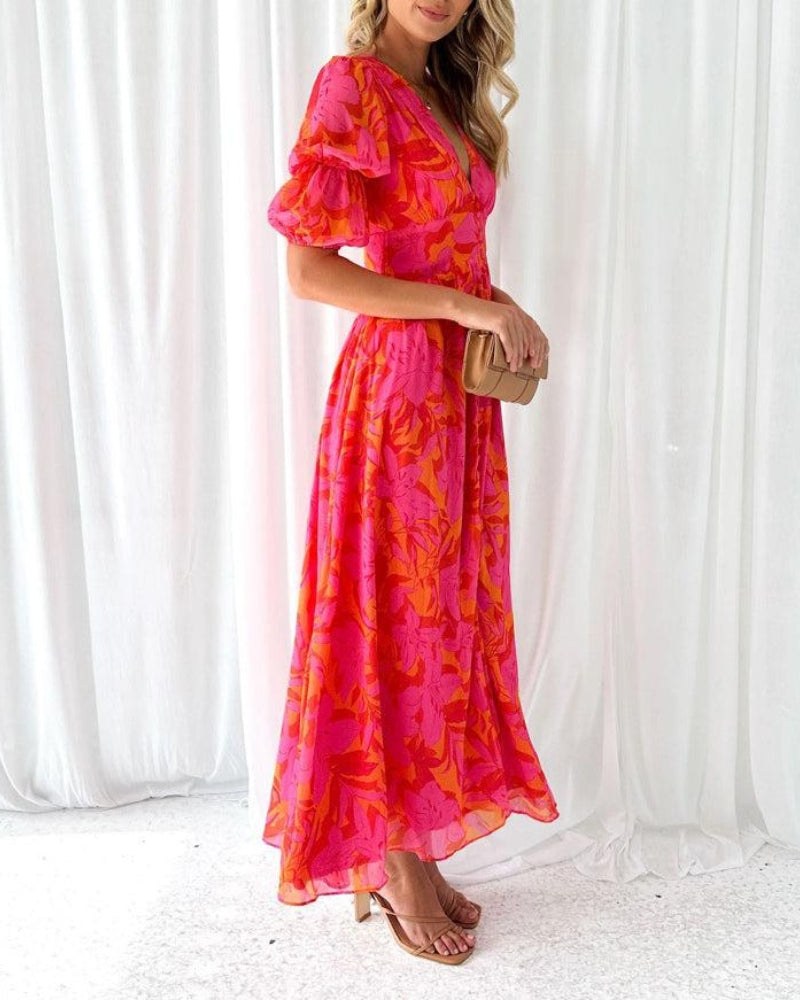 Avis | Women's Short Sleeves with Puffed Silhouette Maxi Dress