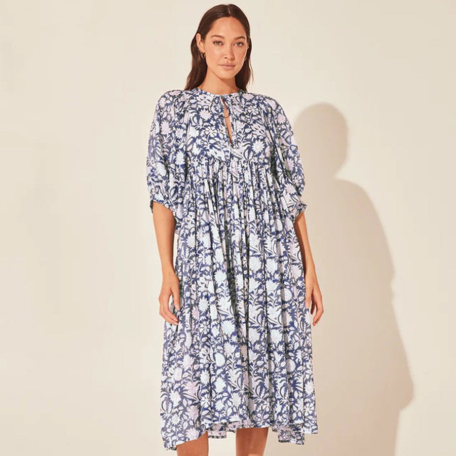 Avis | Women's Floral Casual Midi Dress in Dark Blue