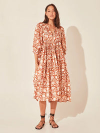Avis | Women's Floral Casual Midi Dress in Orange