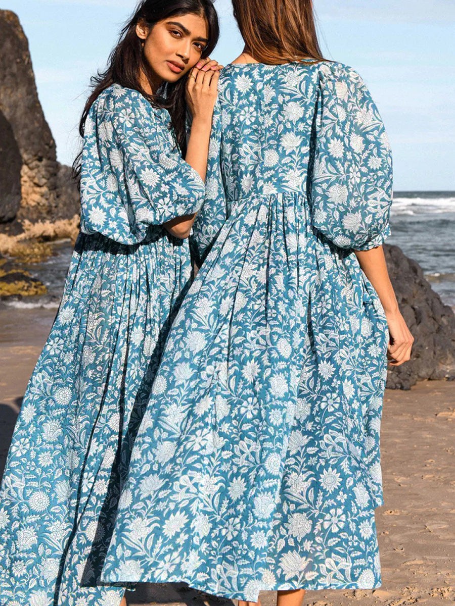 Avis | Women's Floral Casual Midi Dress in Sky Blue