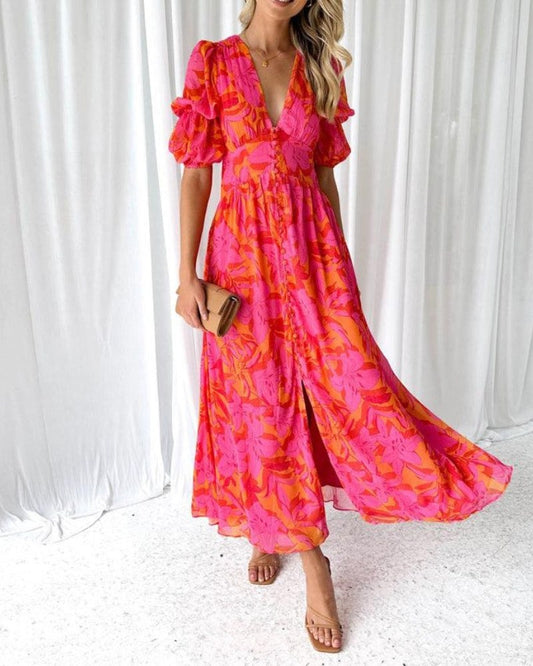 Avis | Women's Short Sleeves with Puffed Silhouette Maxi Dress in Orange