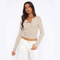 Avril | Women's Button-Front Bodycon Long Sleeve Top in Apricot
