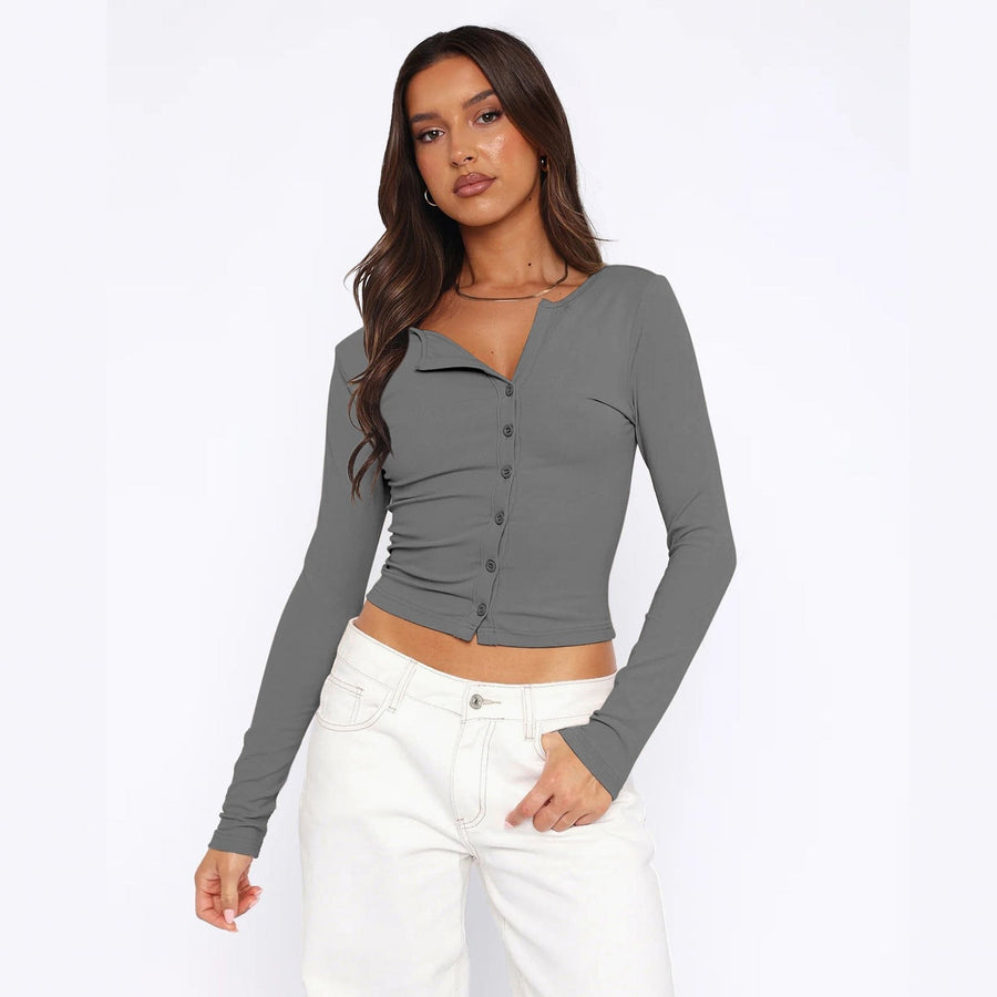 Avril | Women's Button-Front Bodycon Long Sleeve Top in Dark Gray