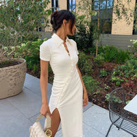 Azaria | Women's Button-Front Bodycon Slit Maxi Dress in Beige