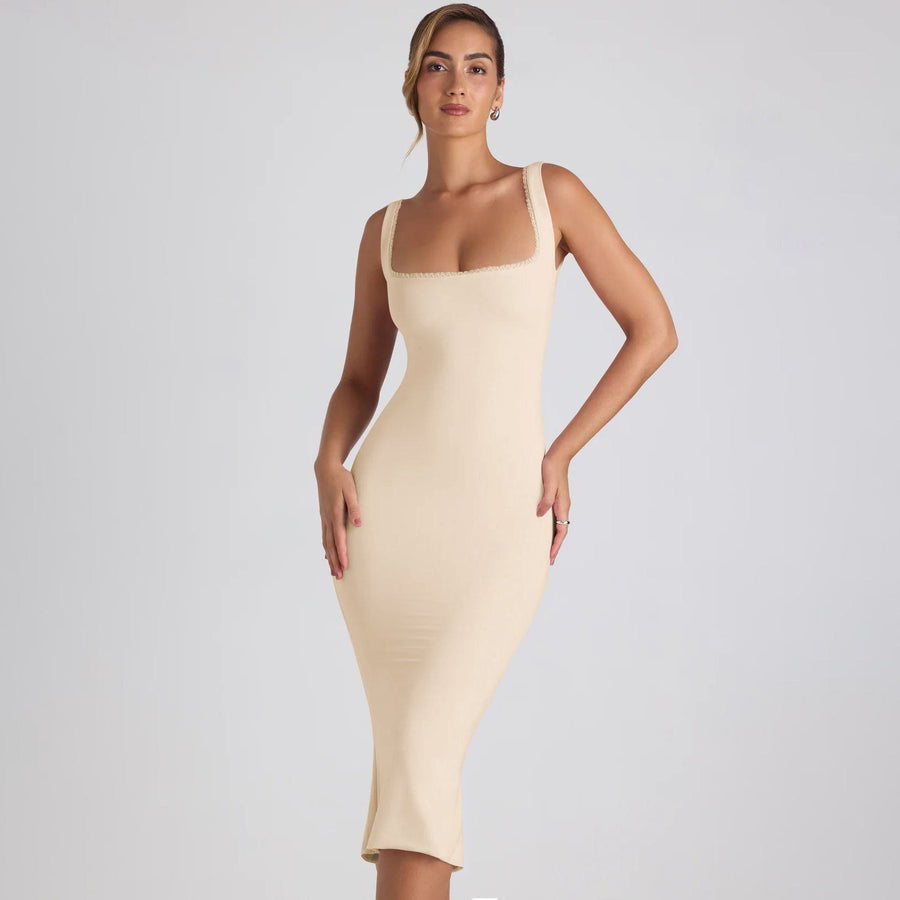 Babette | Women's Bodycon Lace Midi Dress in Apricot
